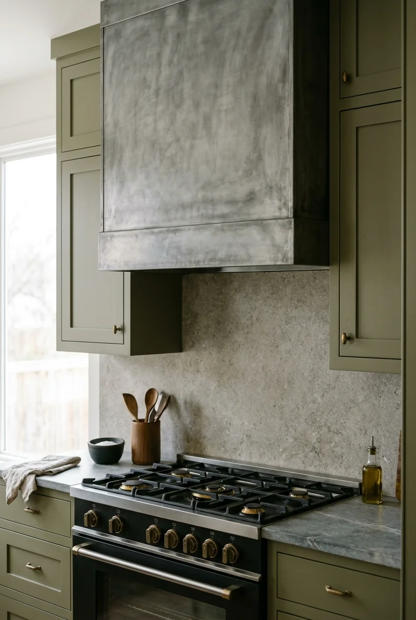 Patinated zinc range hood with muted olive cabinets.
