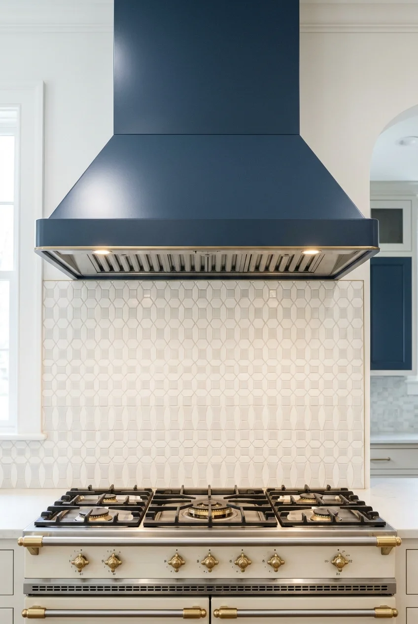 Muted navy enameled range hood above a cream range.