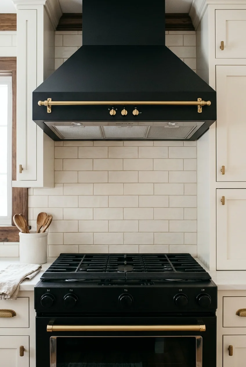 Black steel range hood with a slim brass trim rail.