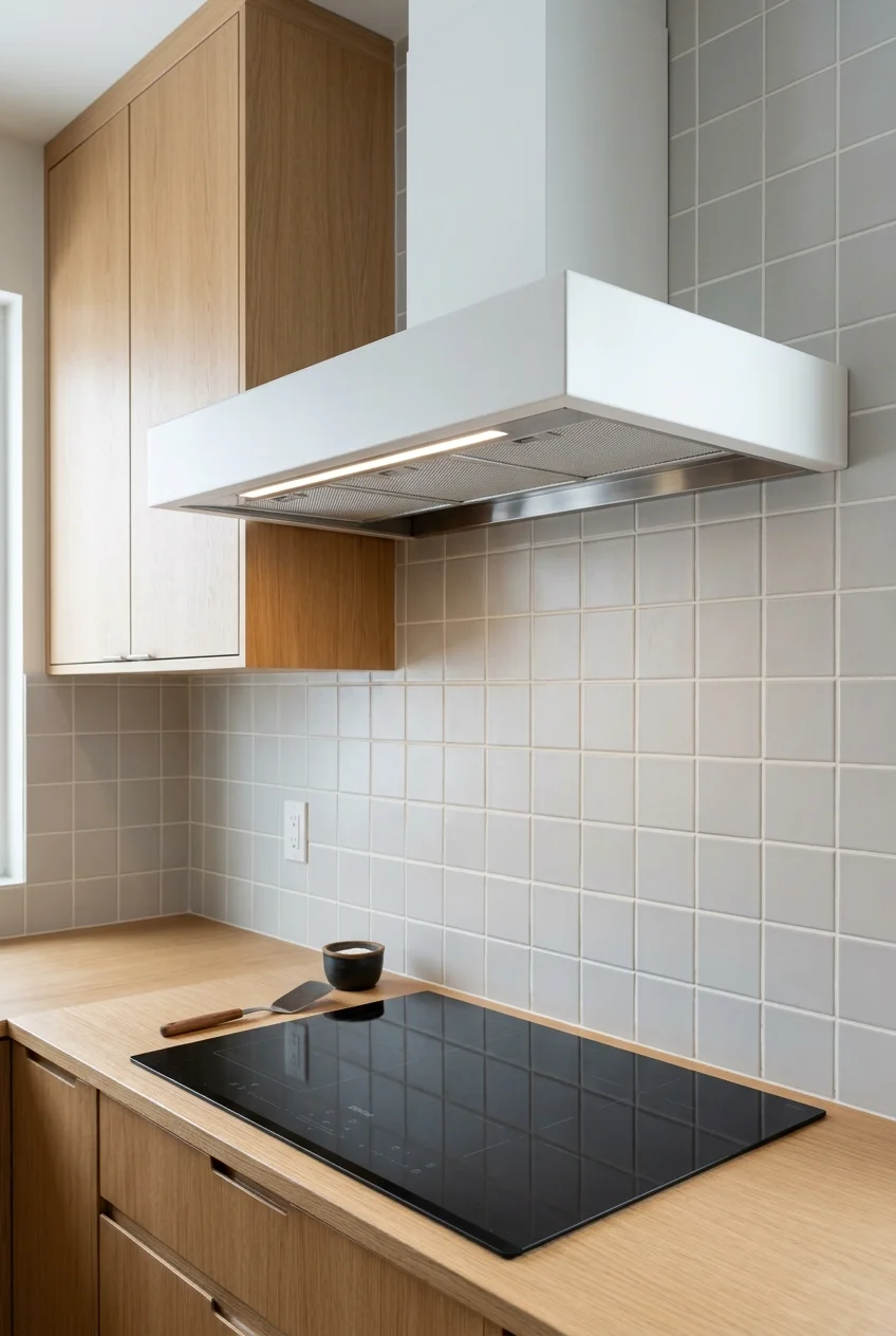 White metal range hood against pale gray tile.