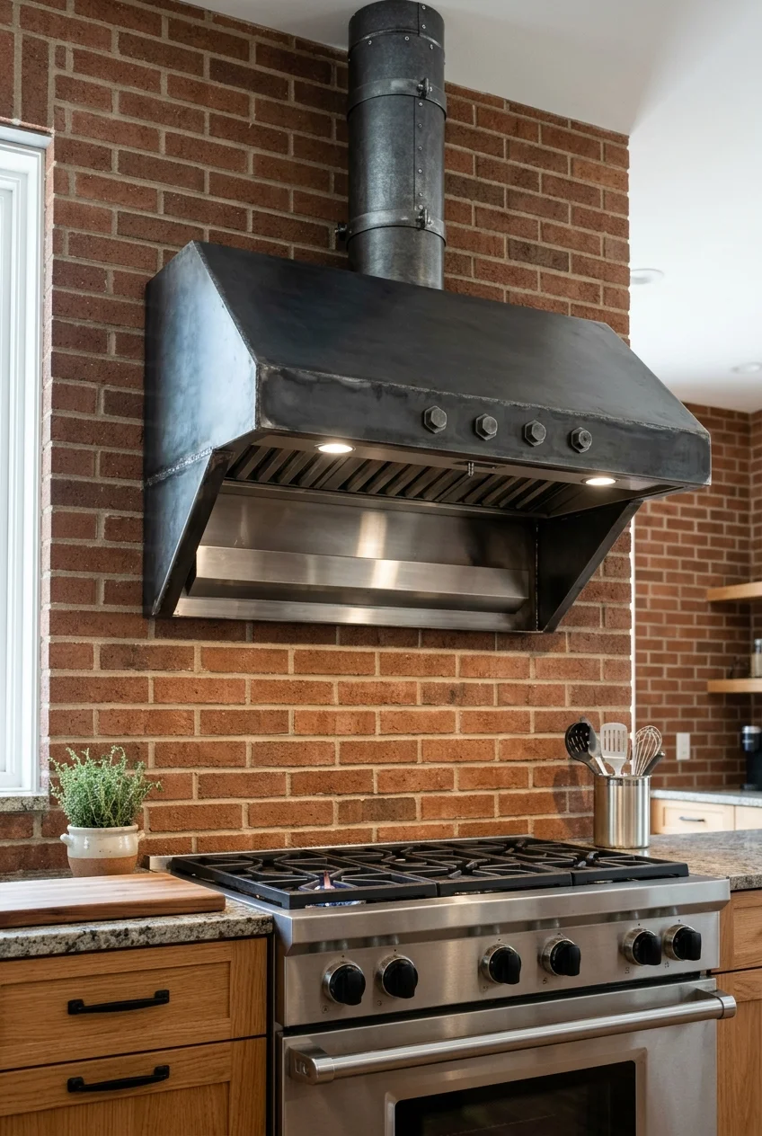 Dark steel canopy hood in an industrial-style kitchen.