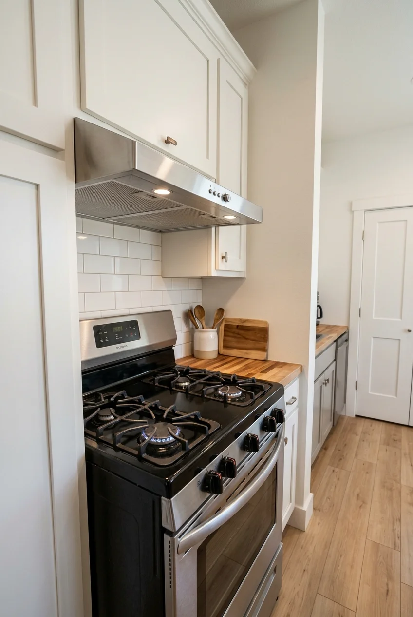 Low-profile under-cabinet hood in a narrow kitchen.