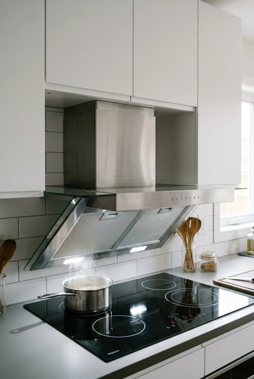 Telescoping range hood fully extended above a cooktop.