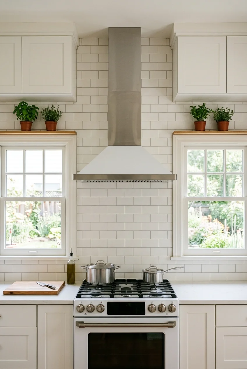 Compact range hood centered between two kitchen windows.