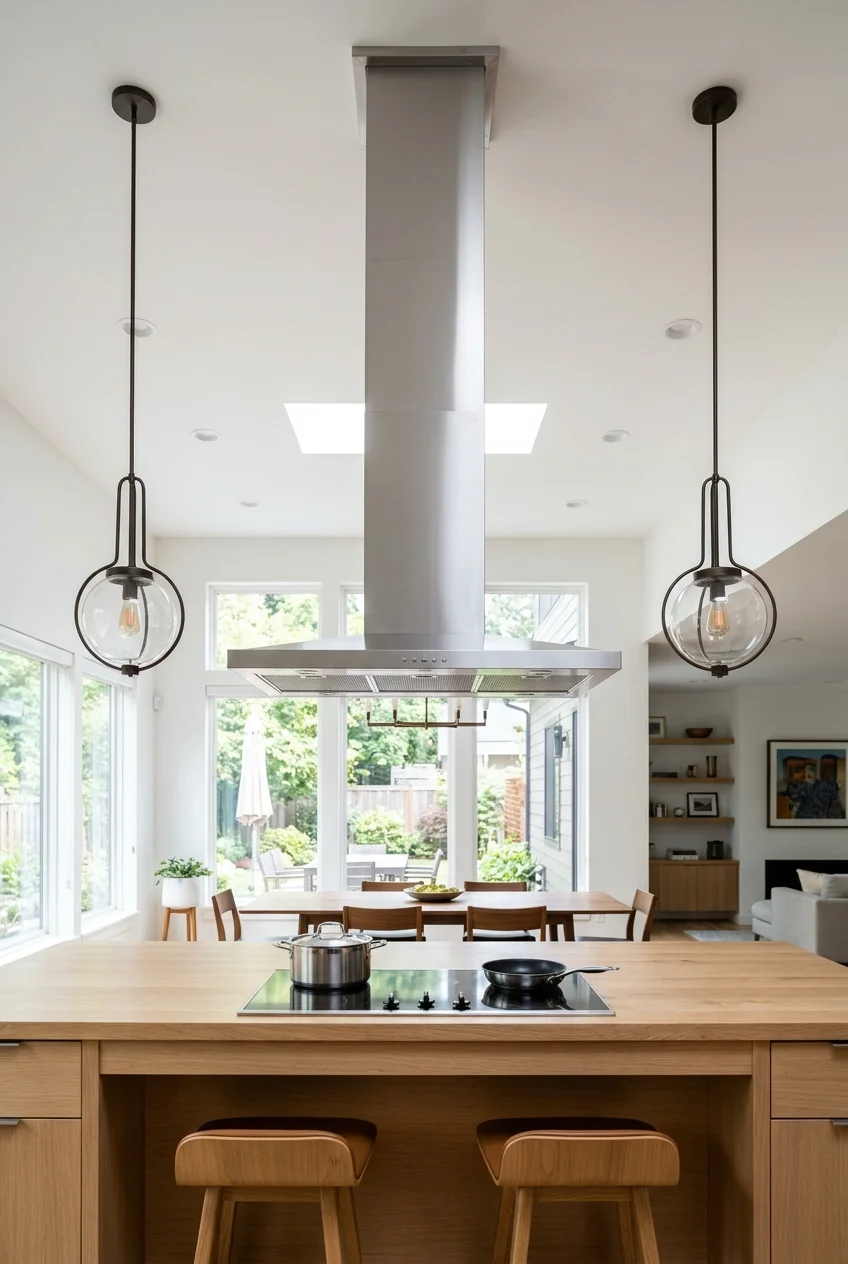 Slim island range hood centered above an island cooktop.