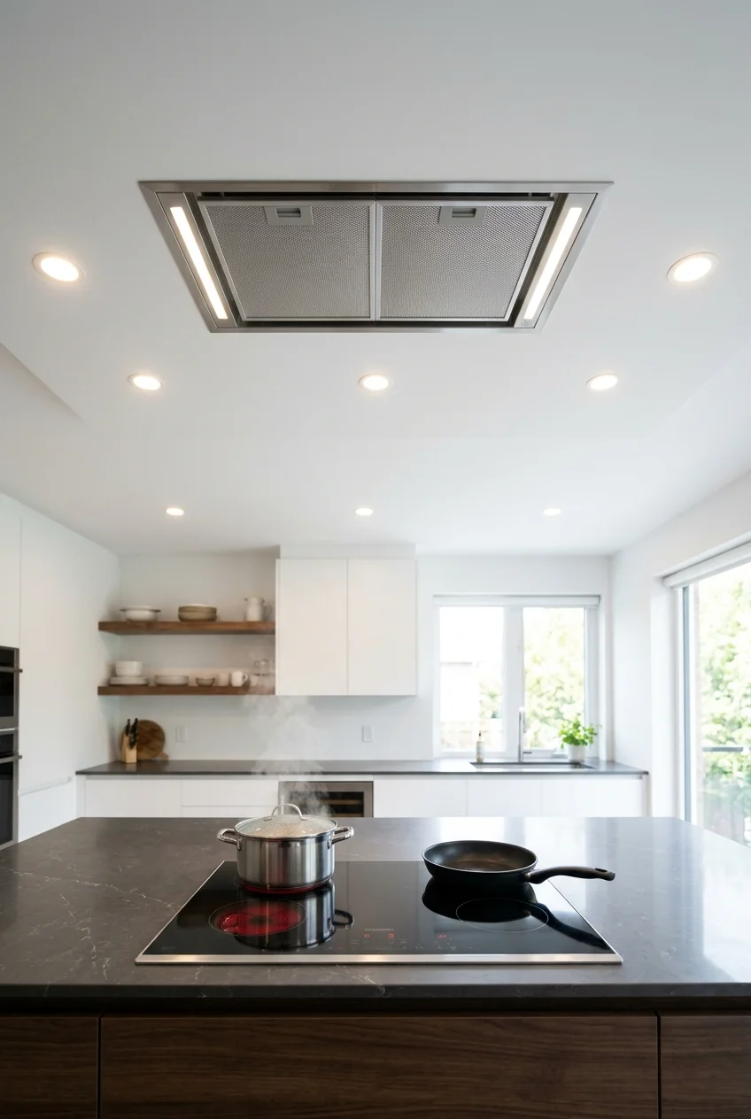 Ceiling-mounted extraction hood aligned above an island cooktop.