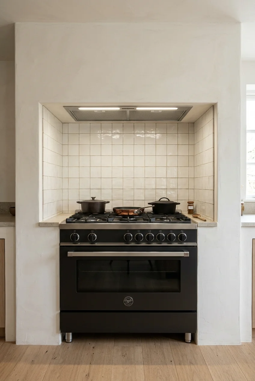 Range hood concealed within a shallow cooking alcove.