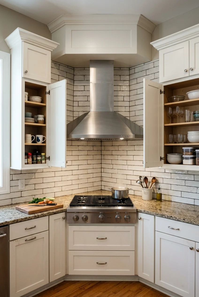 Corner range hood above a diagonal cooktop.