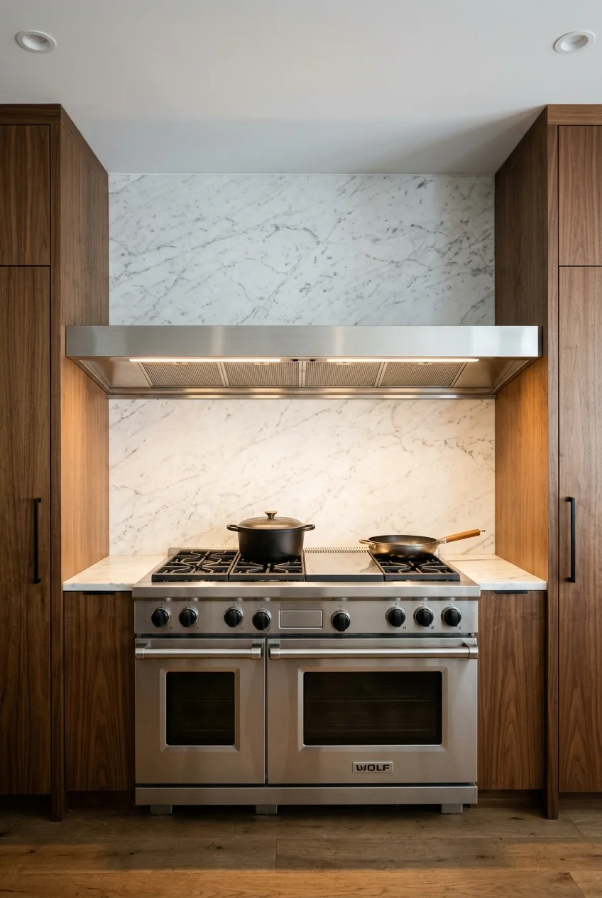 Full-width linear hood across a large cooking wall.