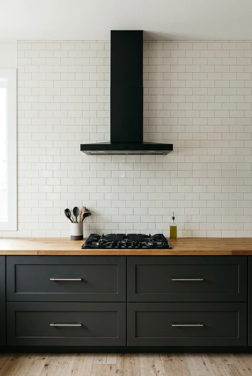 Exposed black chimney hood on a wall without upper cabinets.