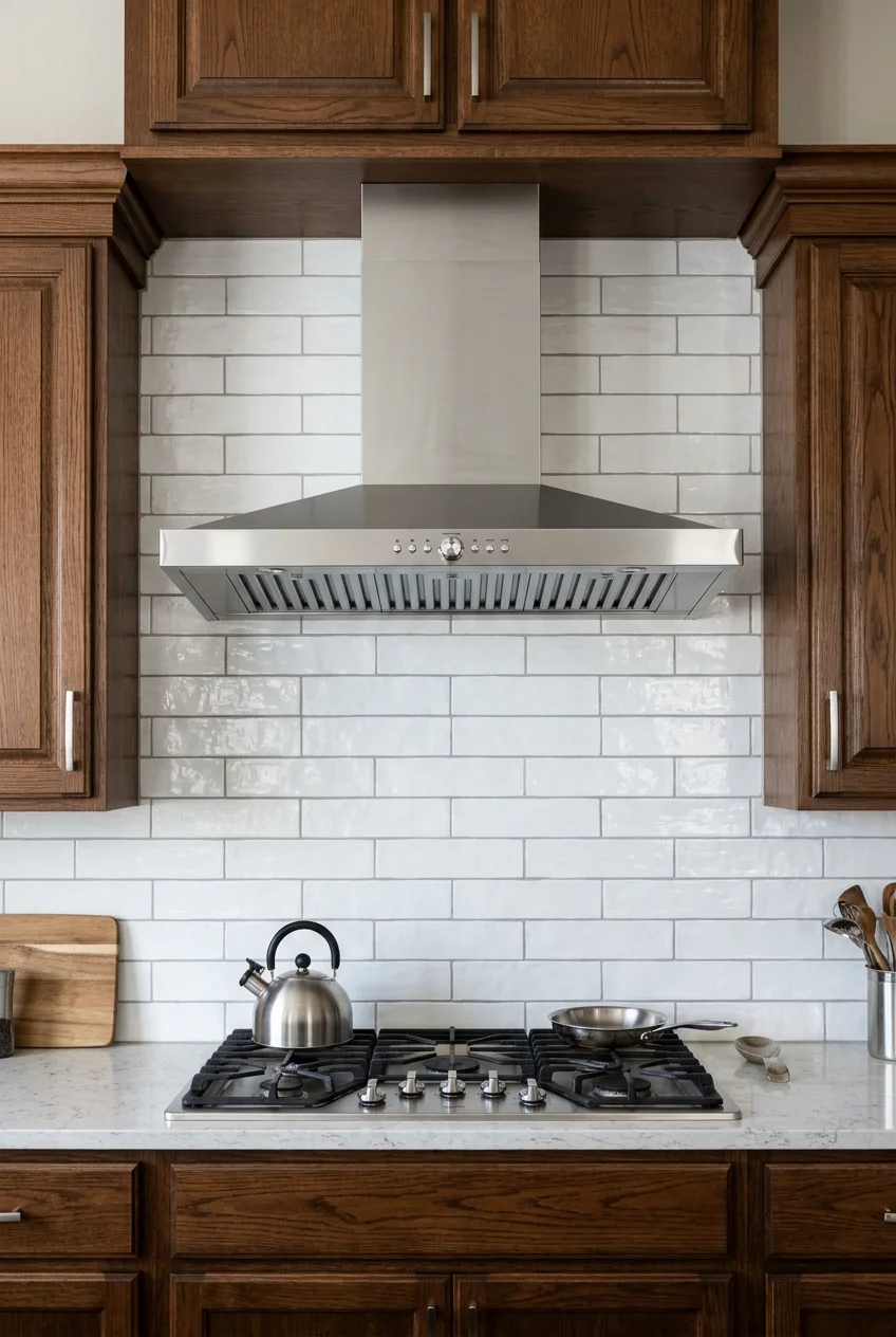 Range hood extending slightly beyond both sides of the cooktop.