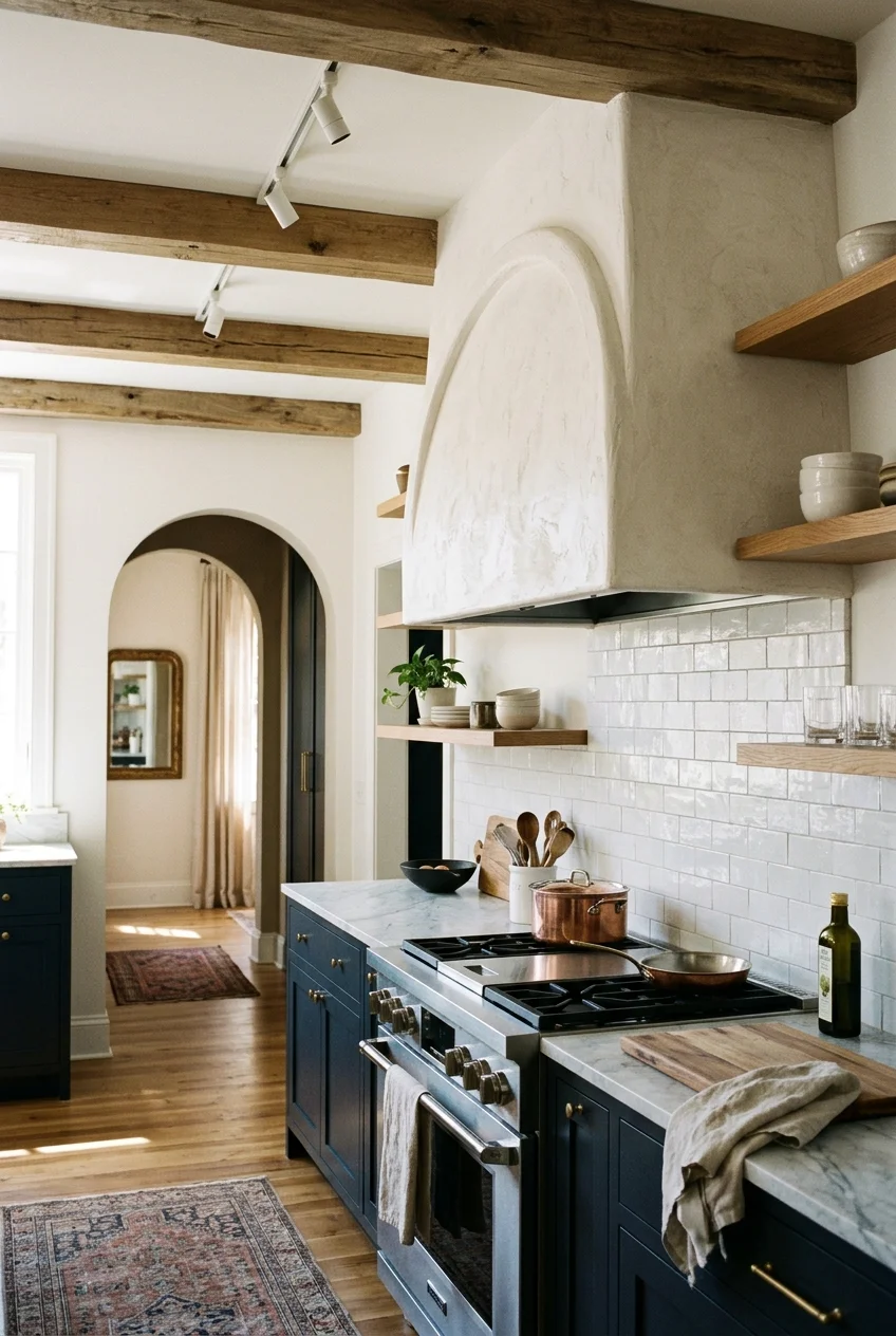 Arched plaster hood echoing a nearby doorway.