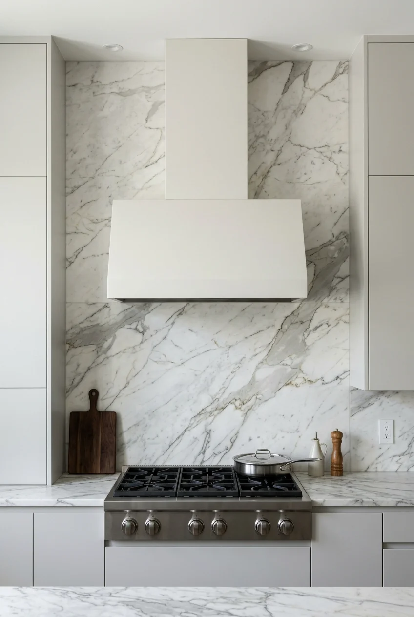 Painted hood above a full-height stone slab backsplash.