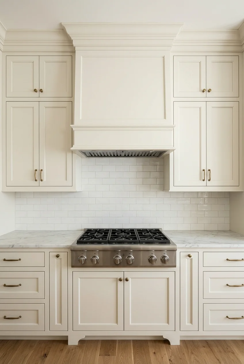 Centered hood within a symmetrical cabinet run.