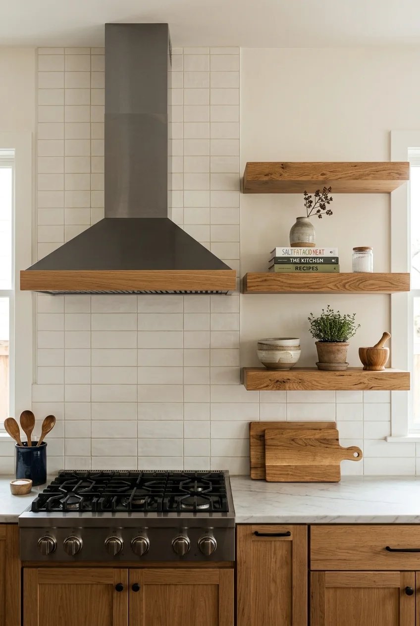 Range hood balanced asymmetrically by open shelving.