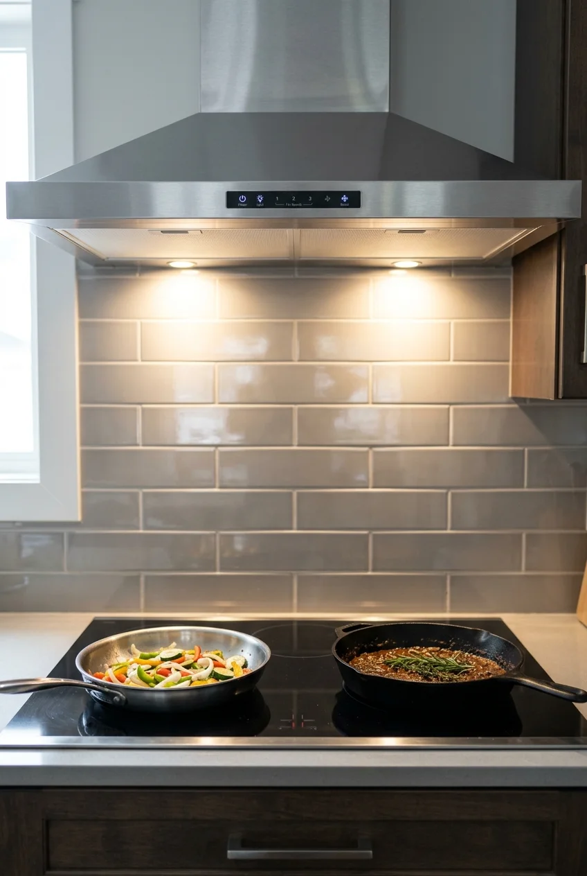 Range hood task lights evenly illuminating the cooktop.