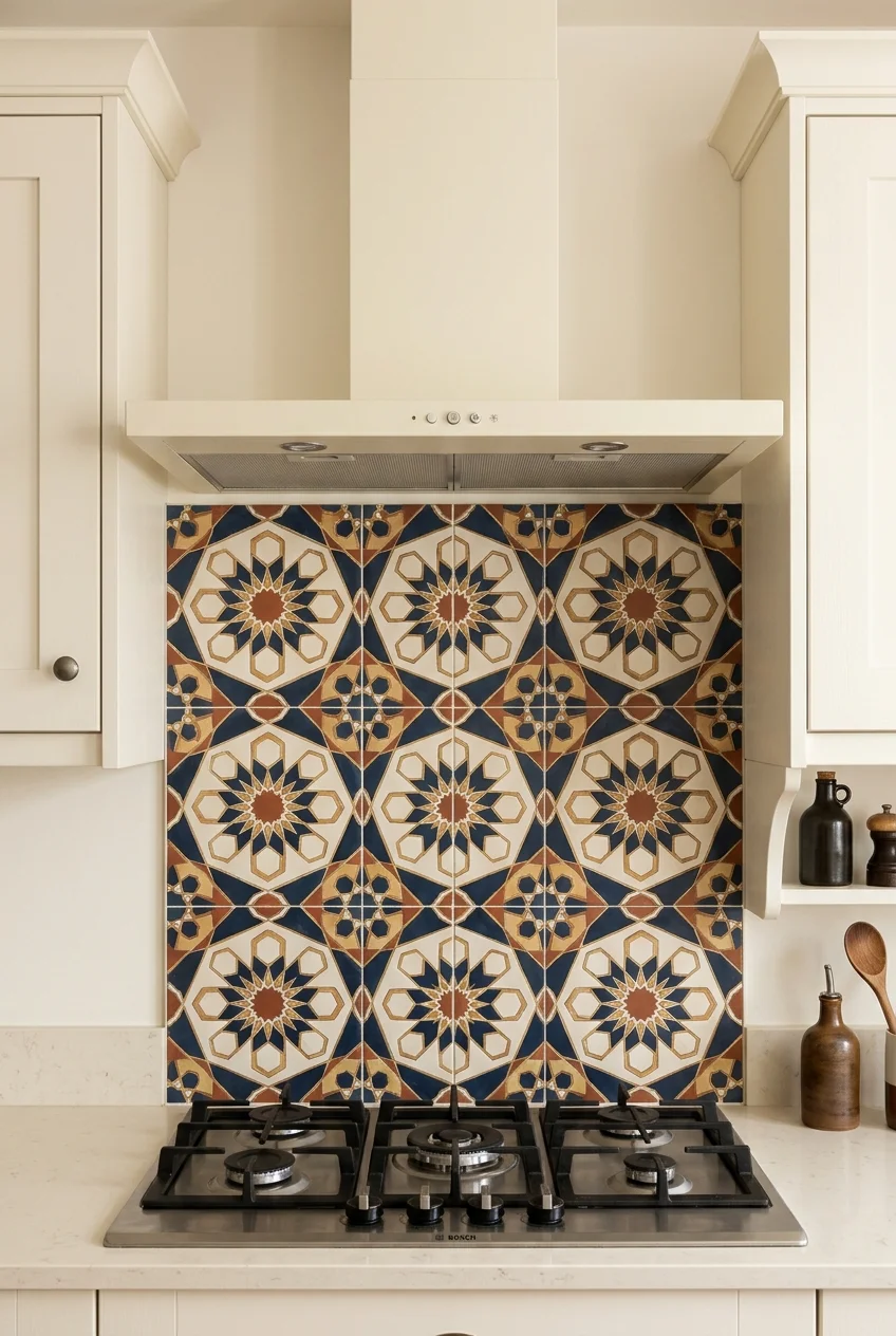 Plain cream hood framed by a centered geometric backsplash.