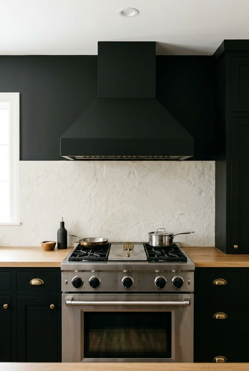 Black hood coordinated with stainless and brass kitchen finishes.