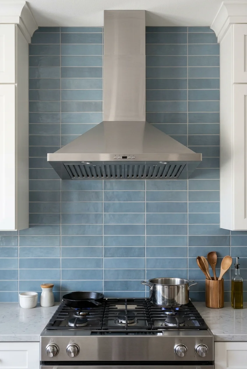 Existing stainless hood refreshed with a muted blue backsplash.