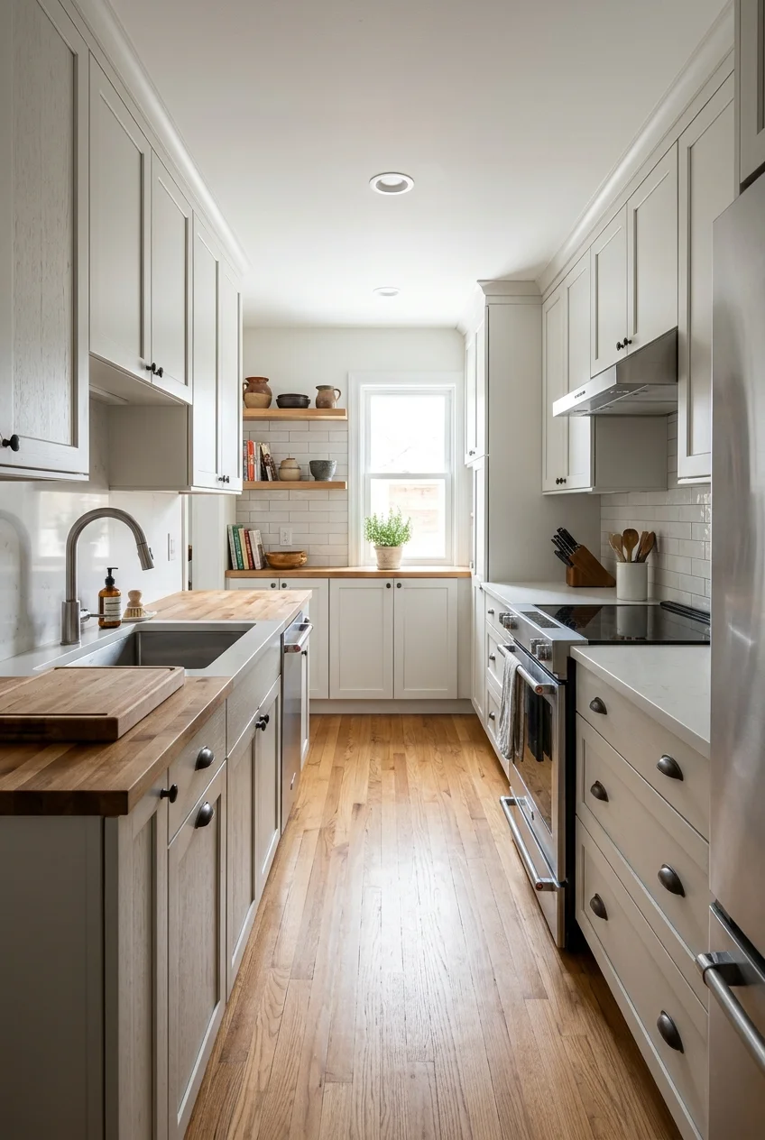 Tiny galley kitchen with staggered sink and range zones