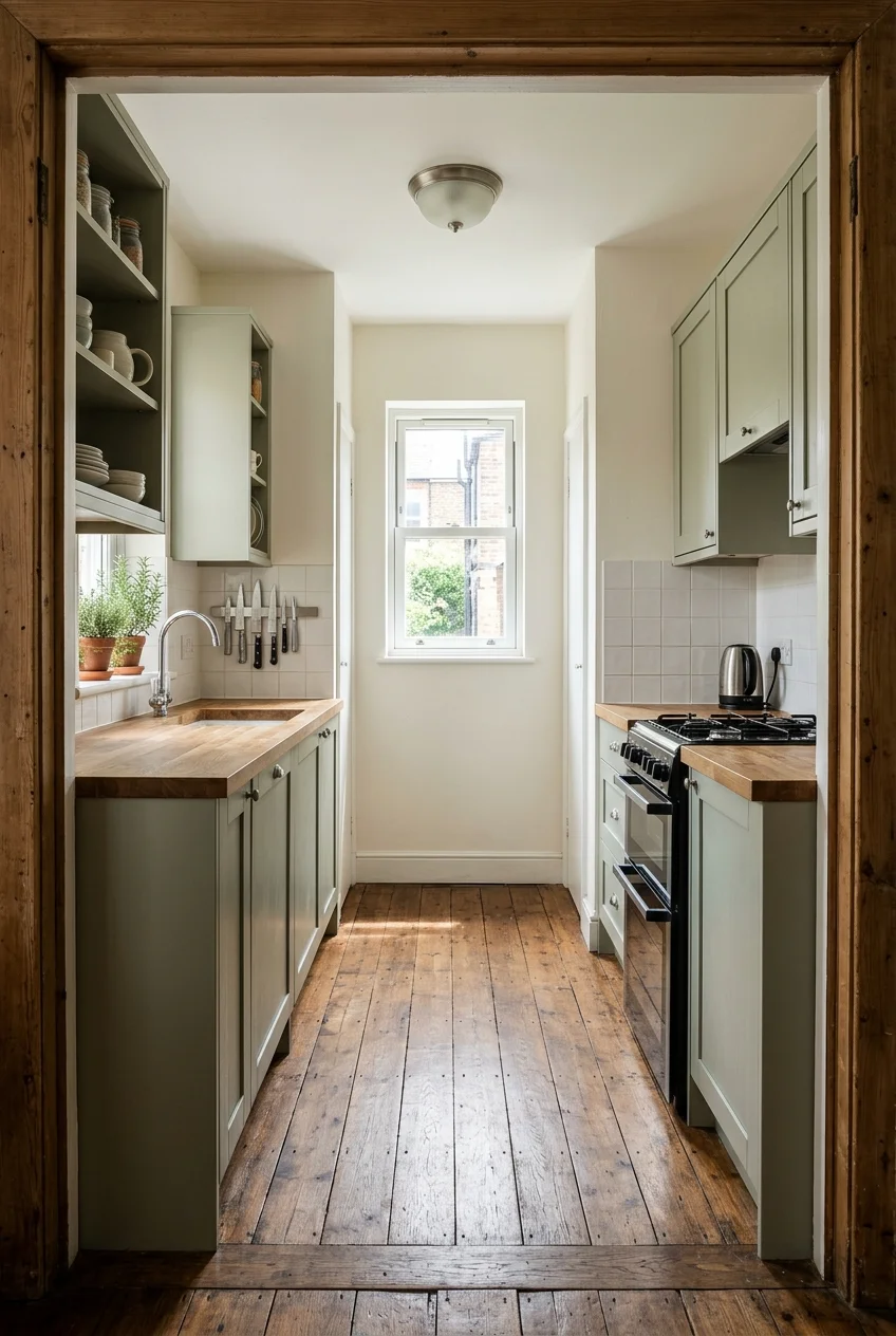 Island-free tiny galley kitchen with a clear center aisle