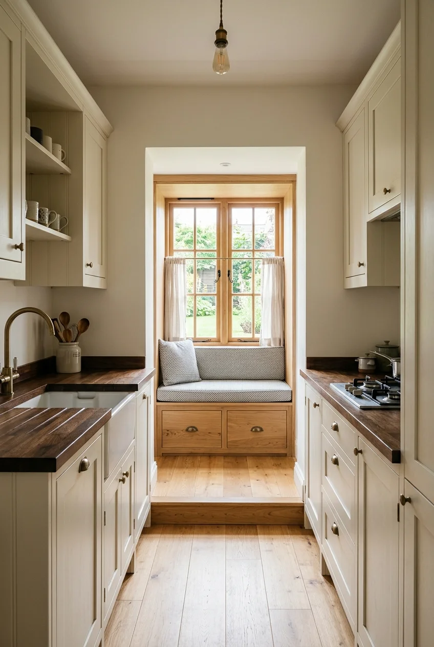 Tiny galley kitchen ending in a built-in window seat