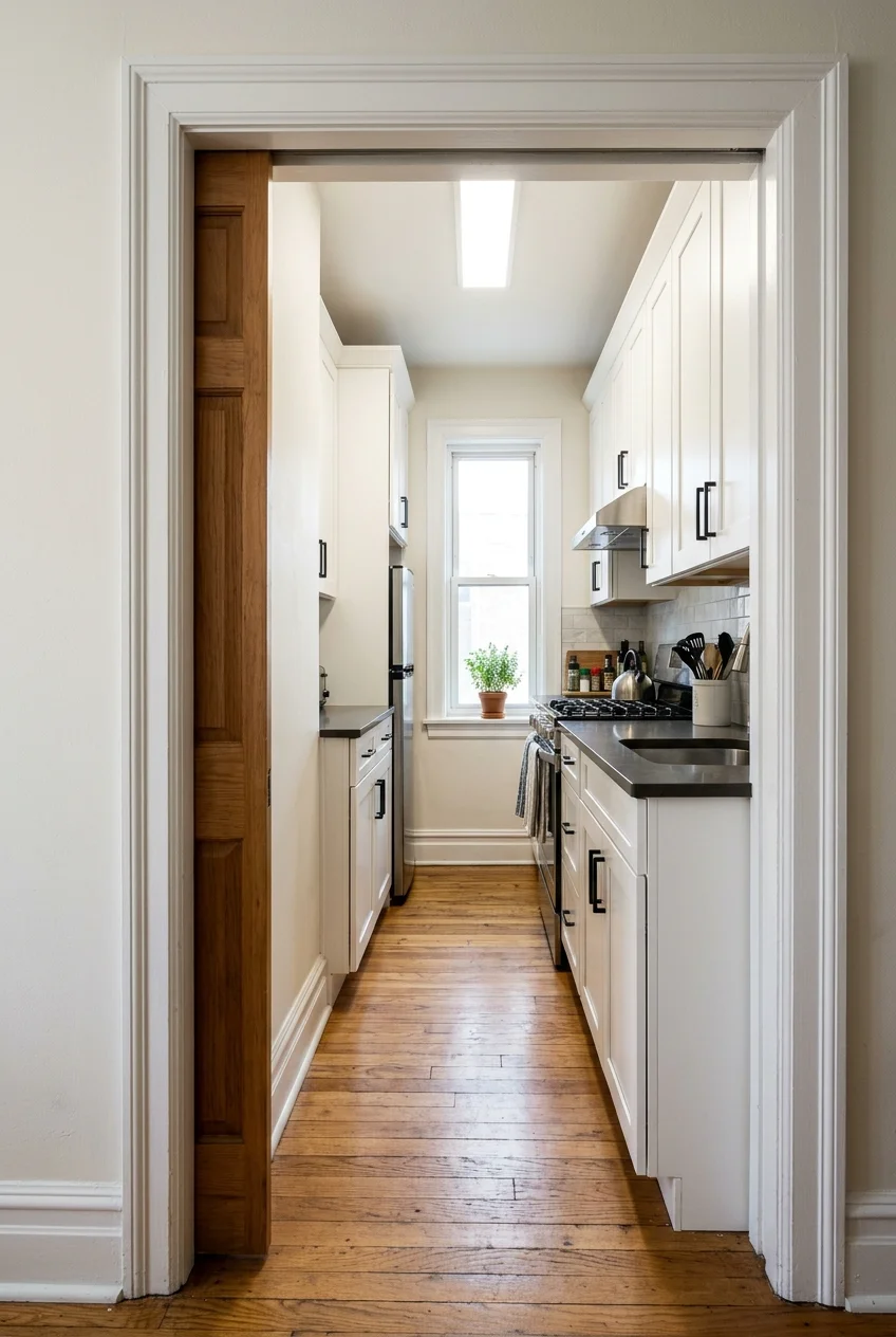 Pocket door opening into a tiny galley kitchen