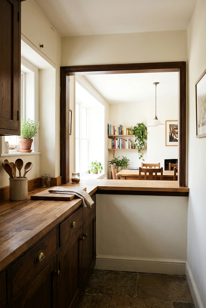 Galley kitchen with a framed pass-through above the counter