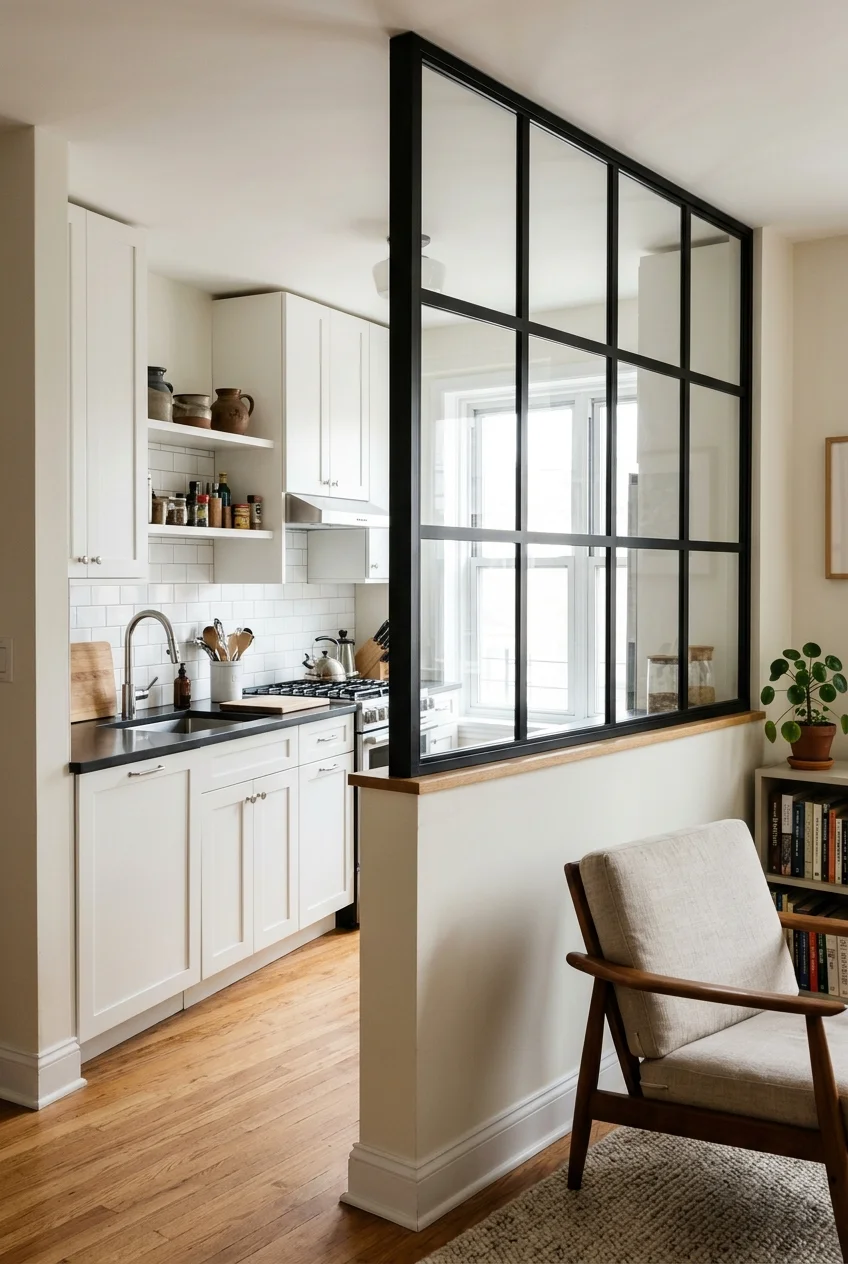 Tiny galley kitchen with a black-framed interior window
