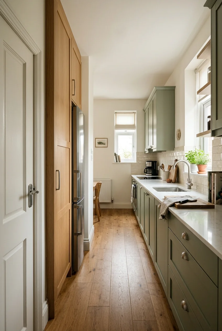 Refrigerator and pantry grouped at one end of a galley kitchen