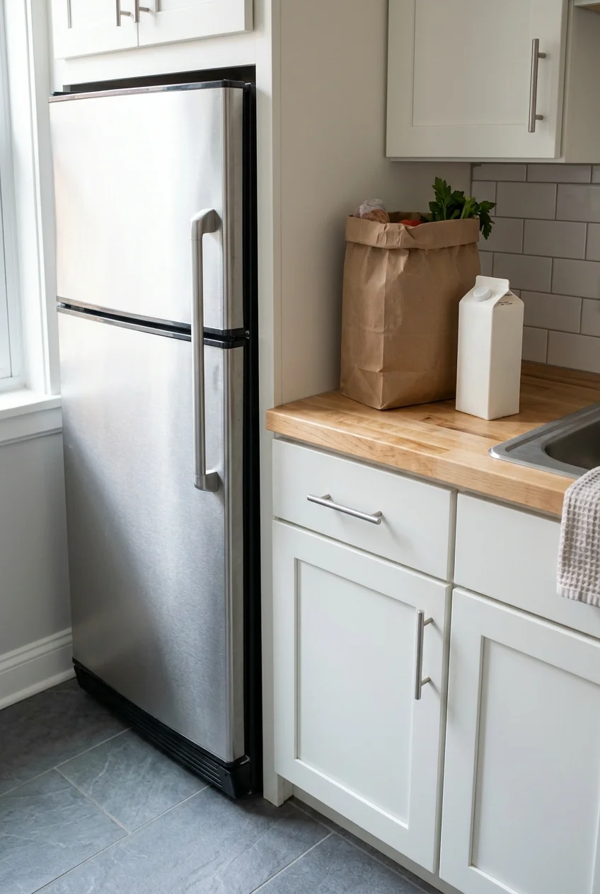 Short landing counter beside a galley kitchen refrigerator