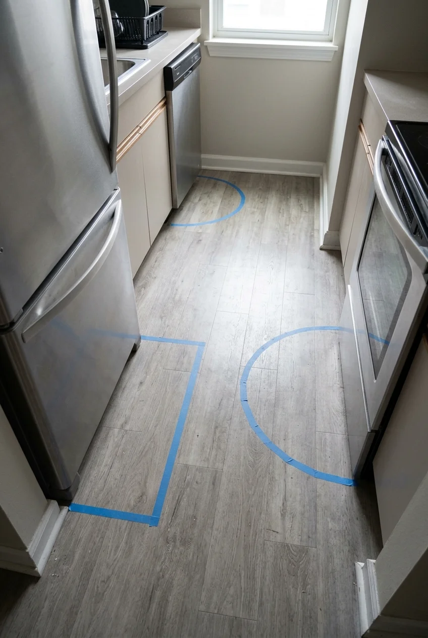 Galley kitchen floor marked to test appliance door swings