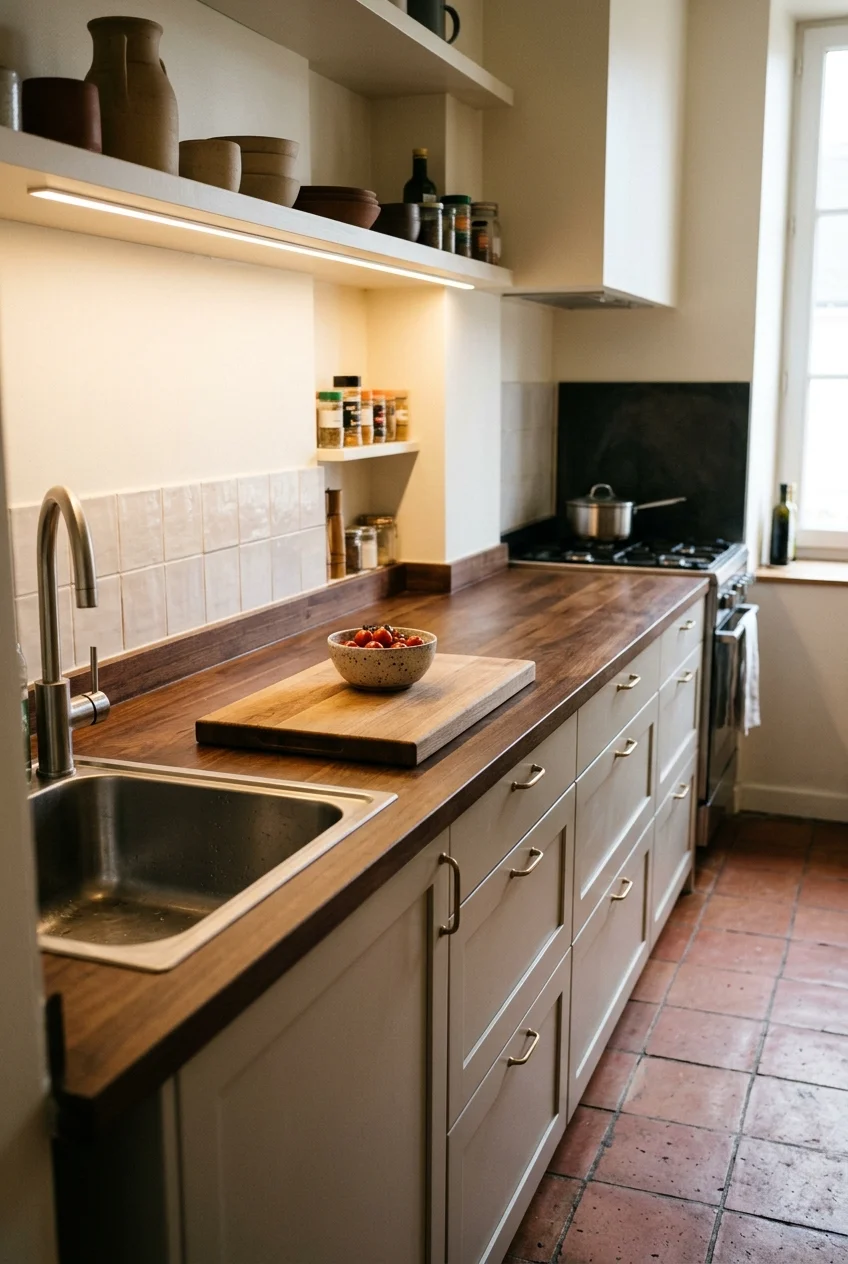 Unbroken prep counter in a tiny galley kitchen
