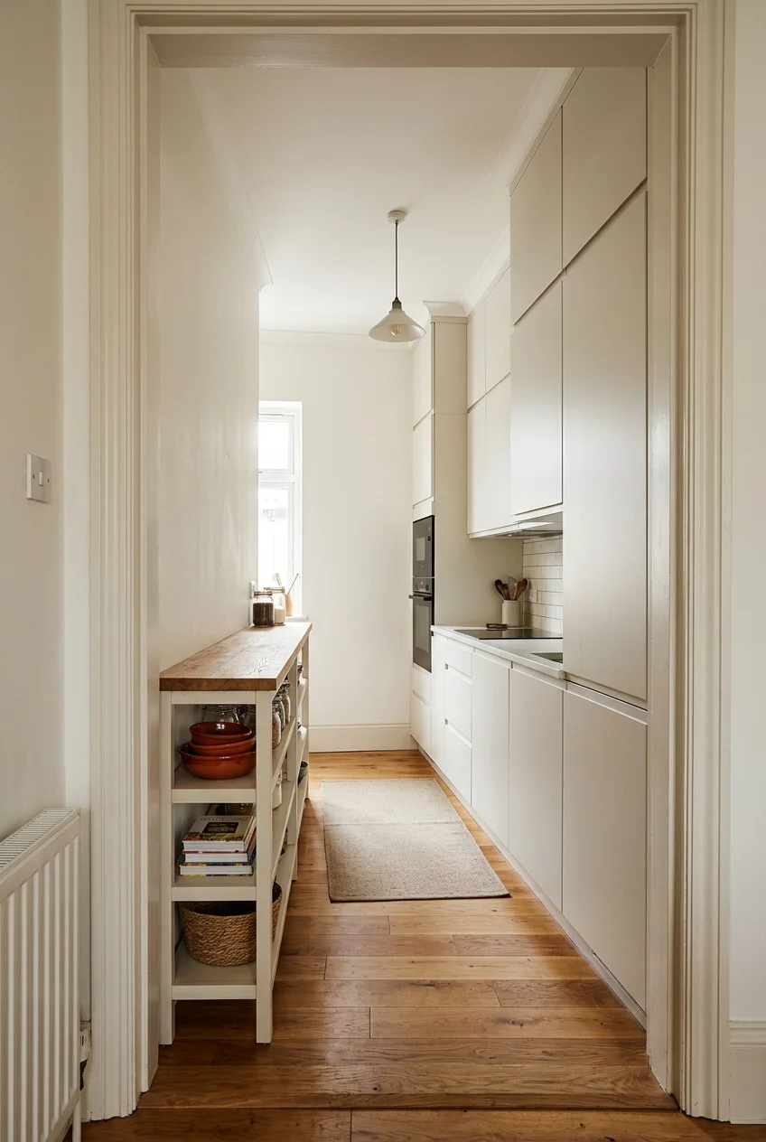 Ceiling-height cabinets on one side of a tiny galley