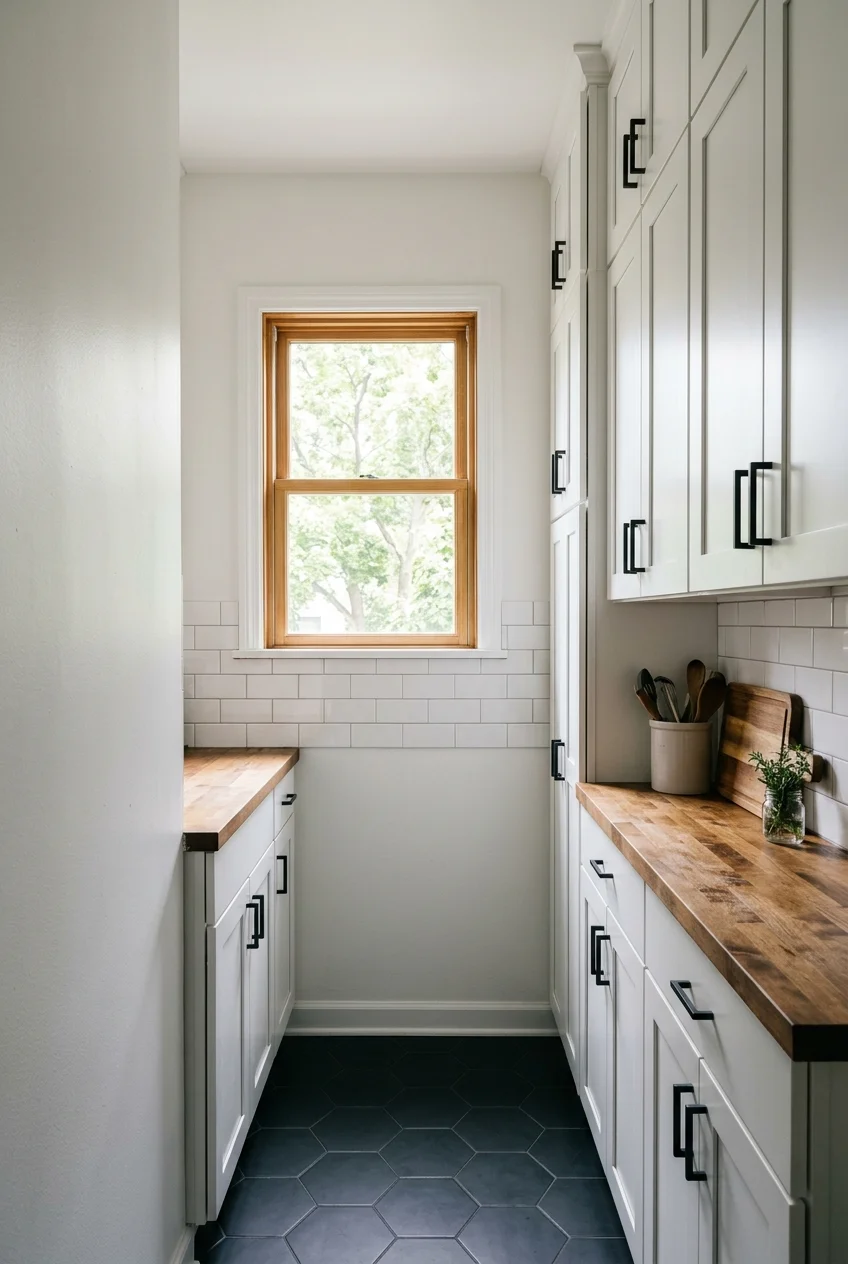 Galley kitchen with upper cabinets removed from the window side