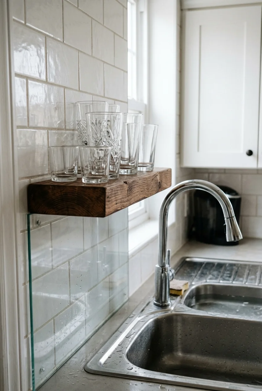 Short open shelf beside a galley kitchen sink