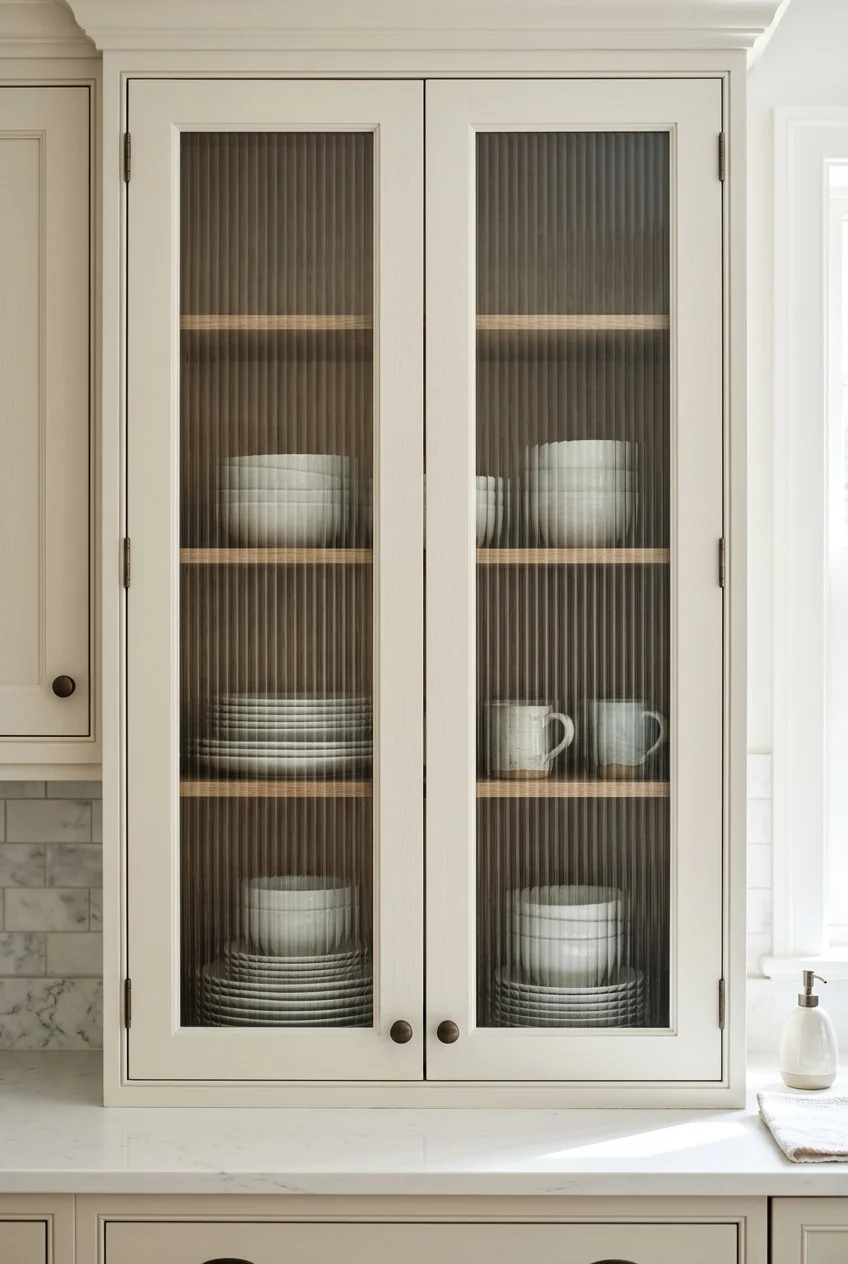 Reeded-glass upper cabinet in a small galley kitchen