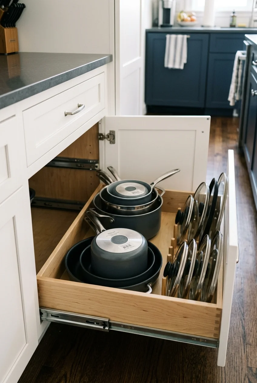 Deep cookware drawer in a tiny galley kitchen