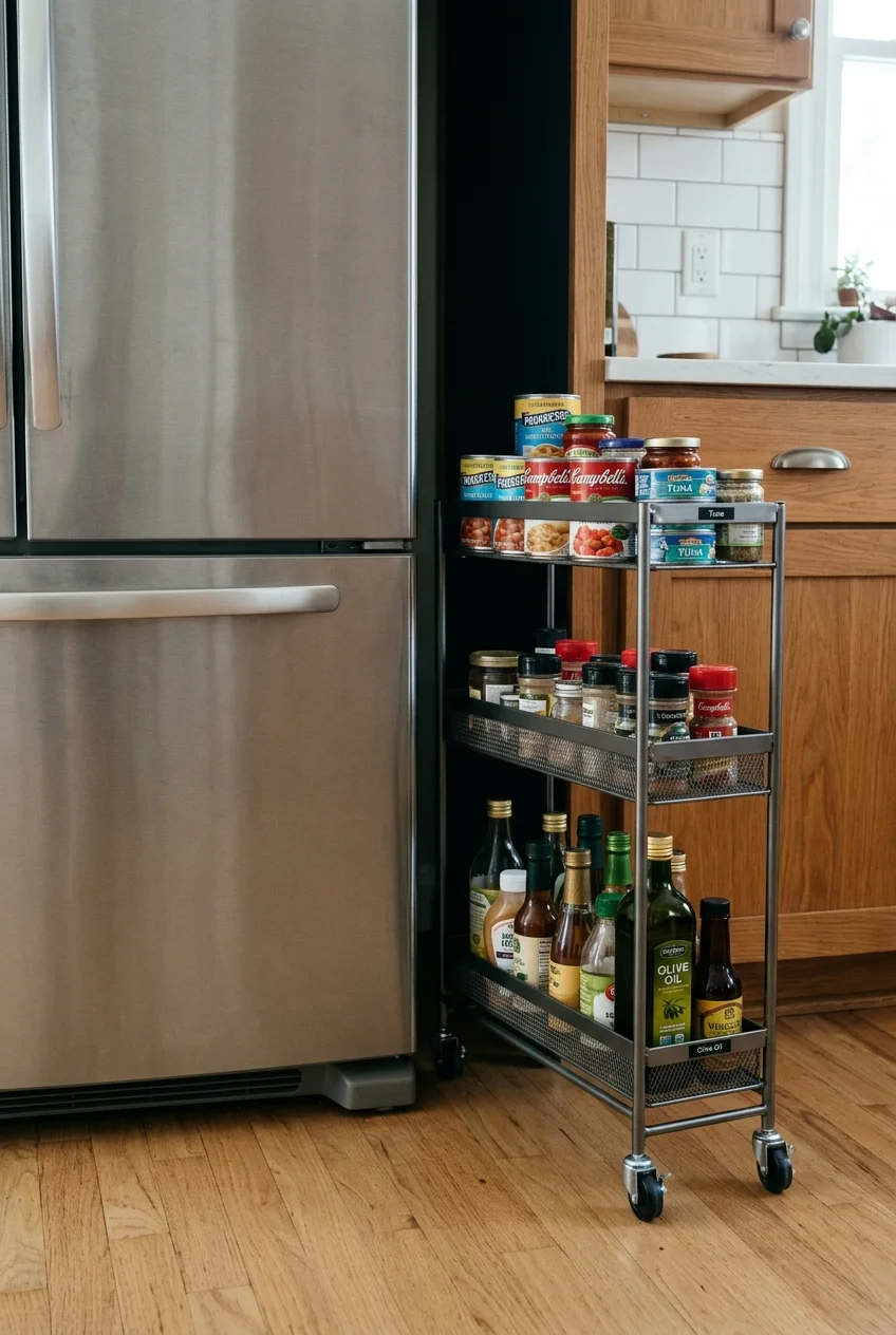 Slim rolling storage cart beside a galley kitchen refrigerator