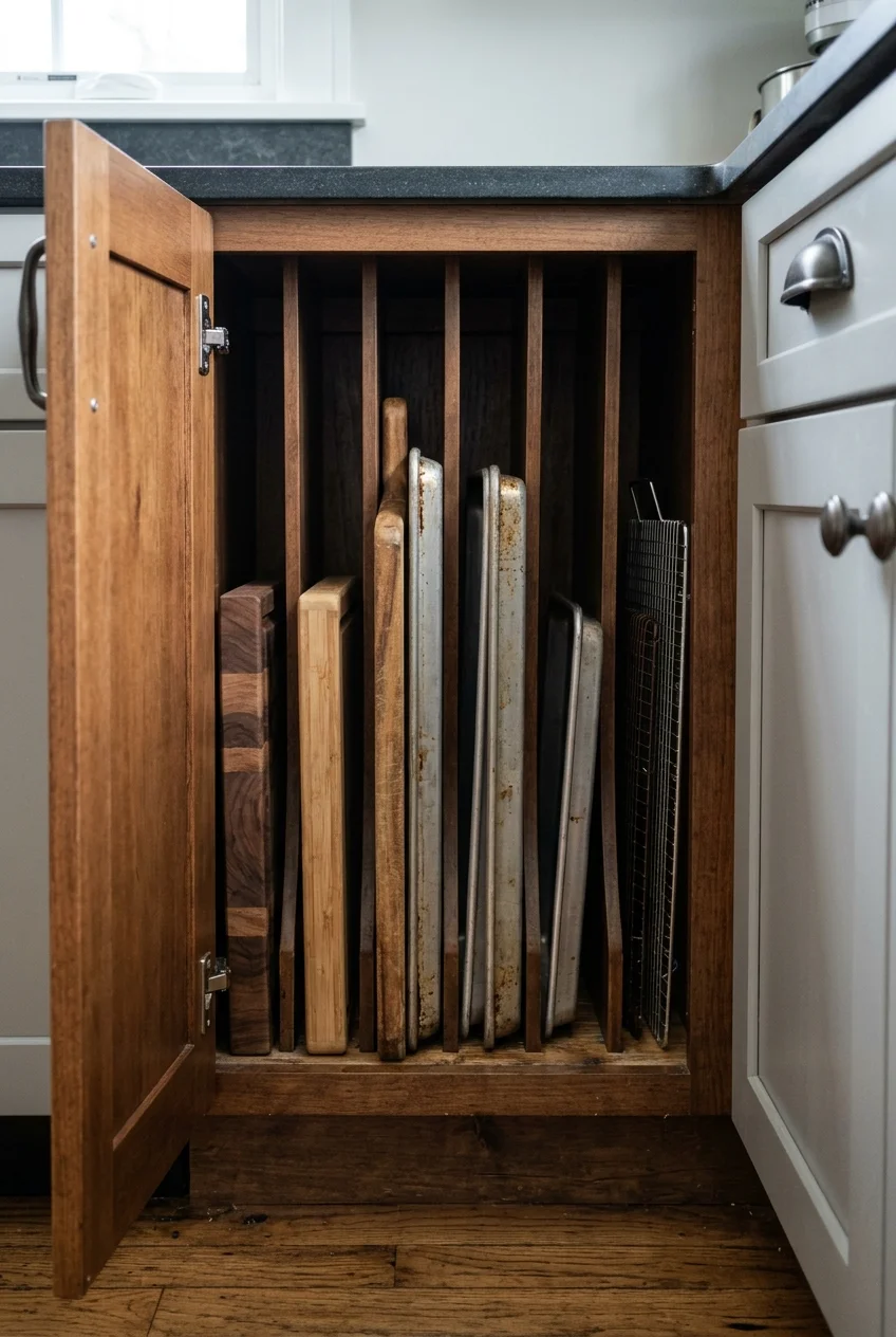 Vertical tray dividers inside a galley kitchen base cabinet