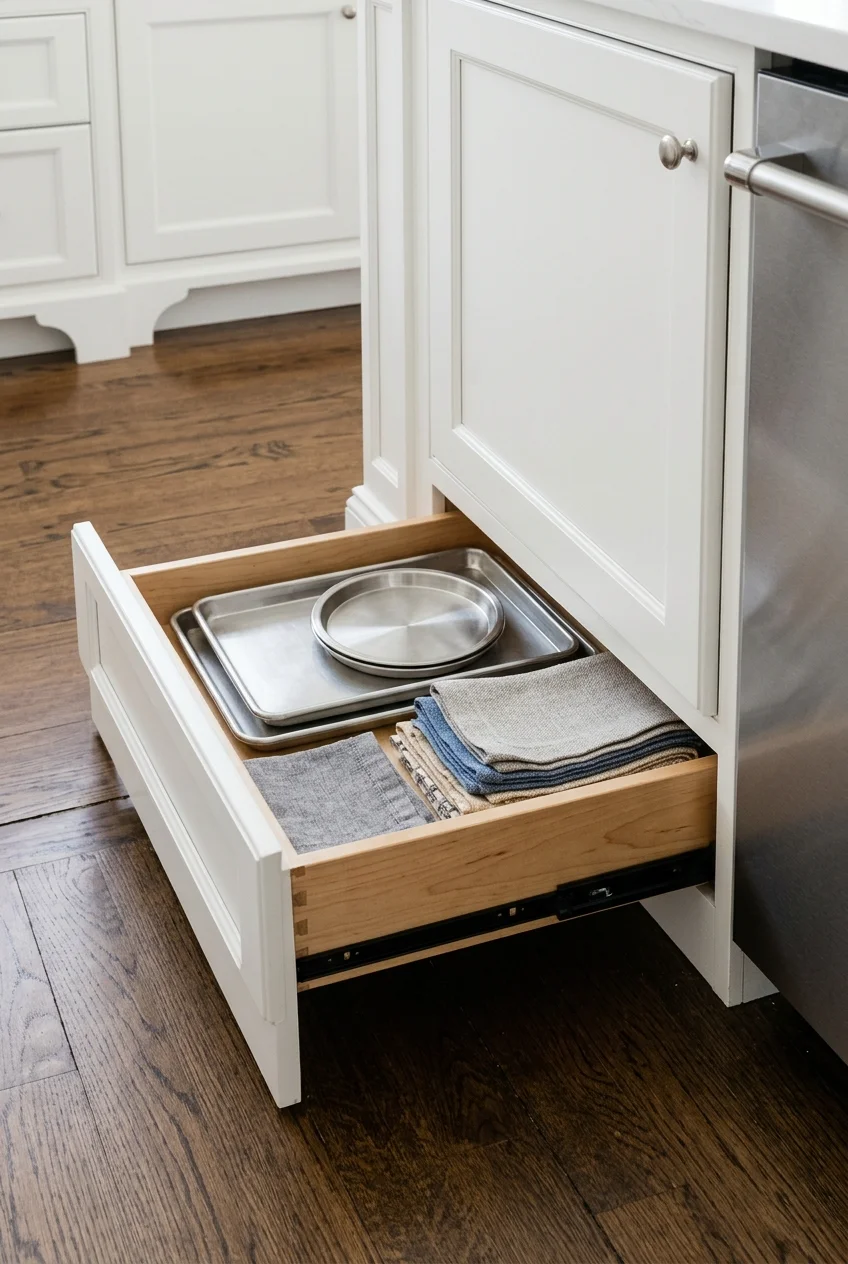 Toe-kick drawer storing flat trays in a tiny galley