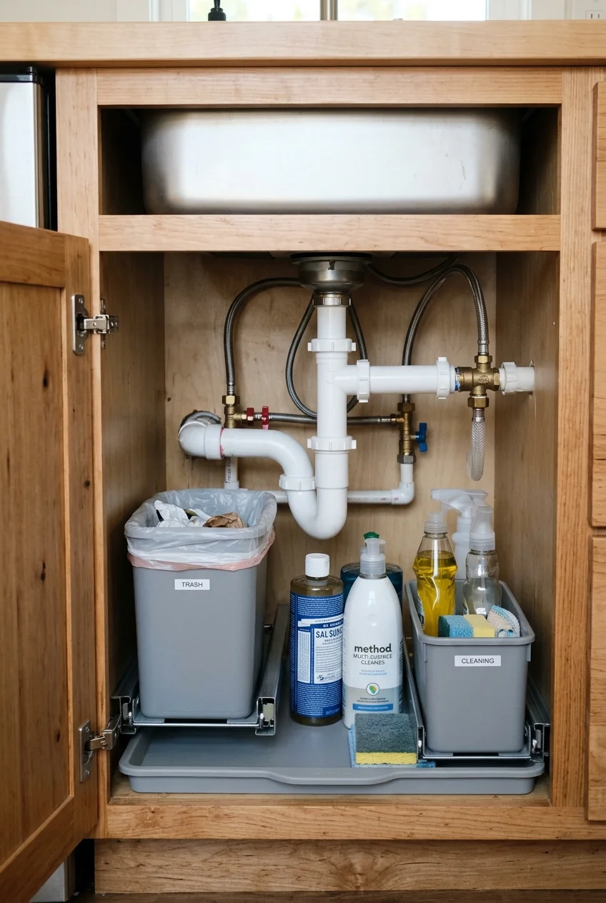 Organized under-sink cabinet with accessible plumbing