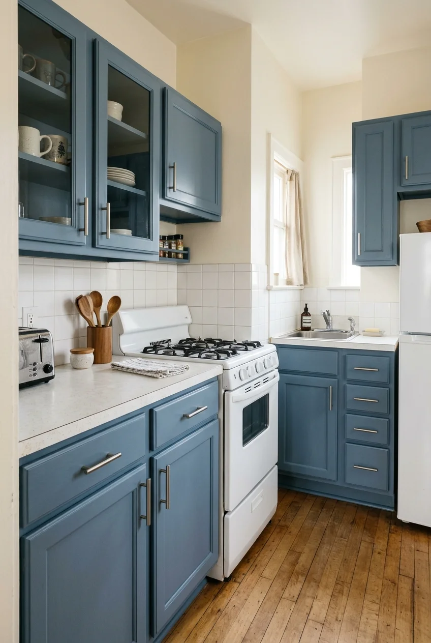 Refreshed painted cabinets in an existing tiny galley kitchen