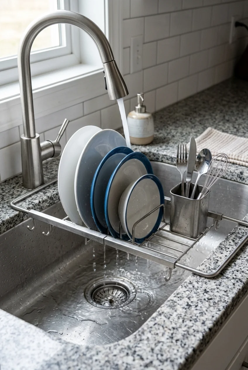 Expandable dish rack draining over a small kitchen sink