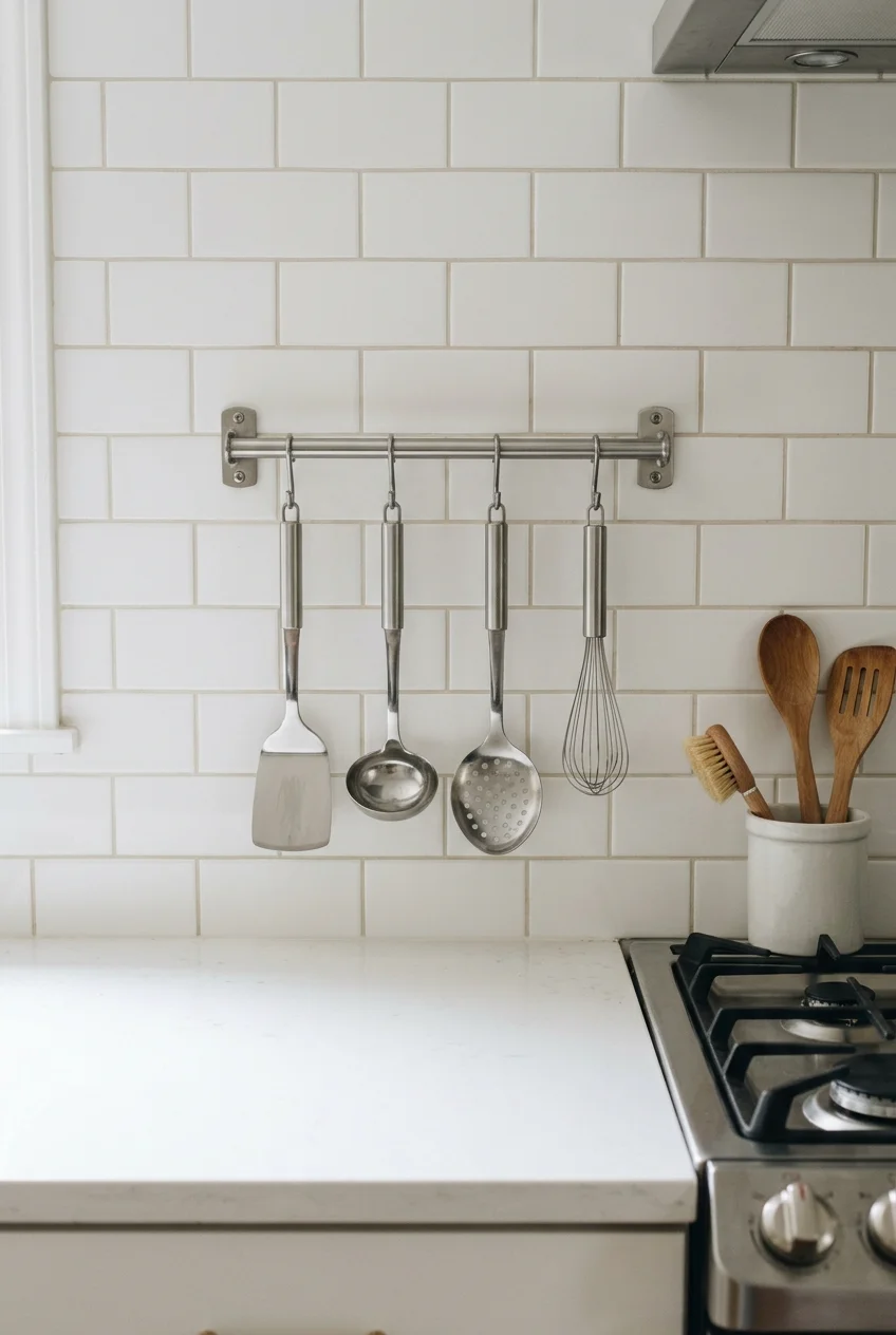 Short utensil rail above a galley kitchen prep counter