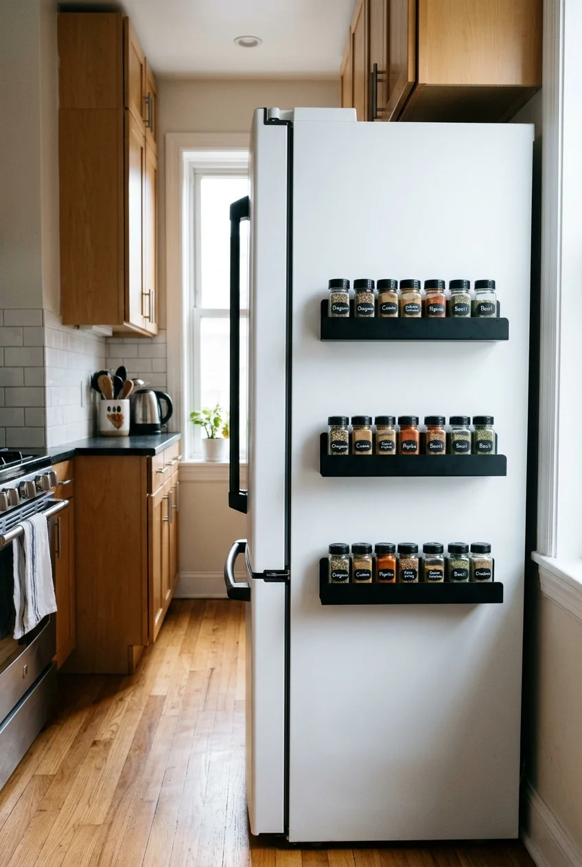 Magnetic spice shelves on the side of a refrigerator