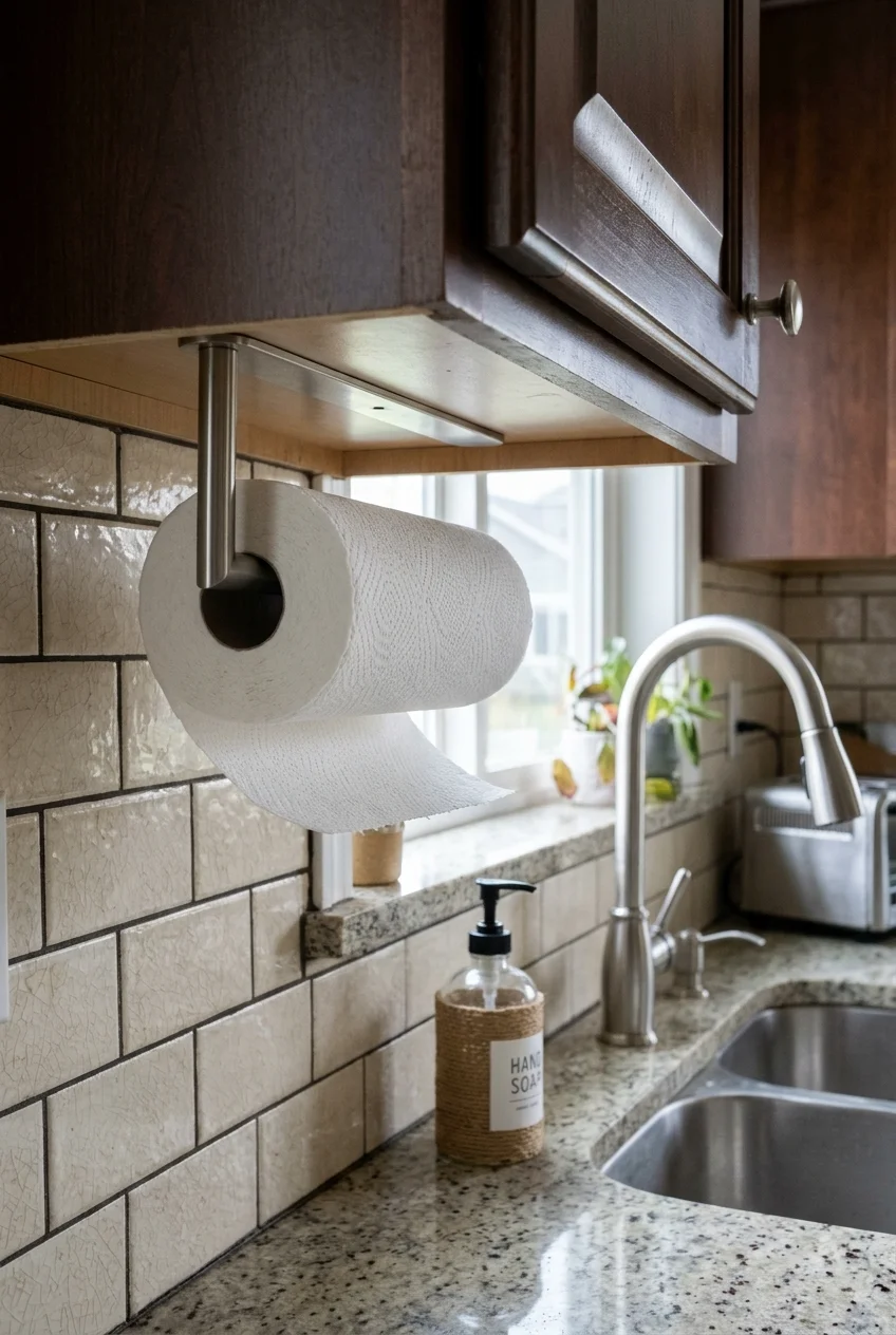 Paper towel roll mounted under a galley kitchen cabinet