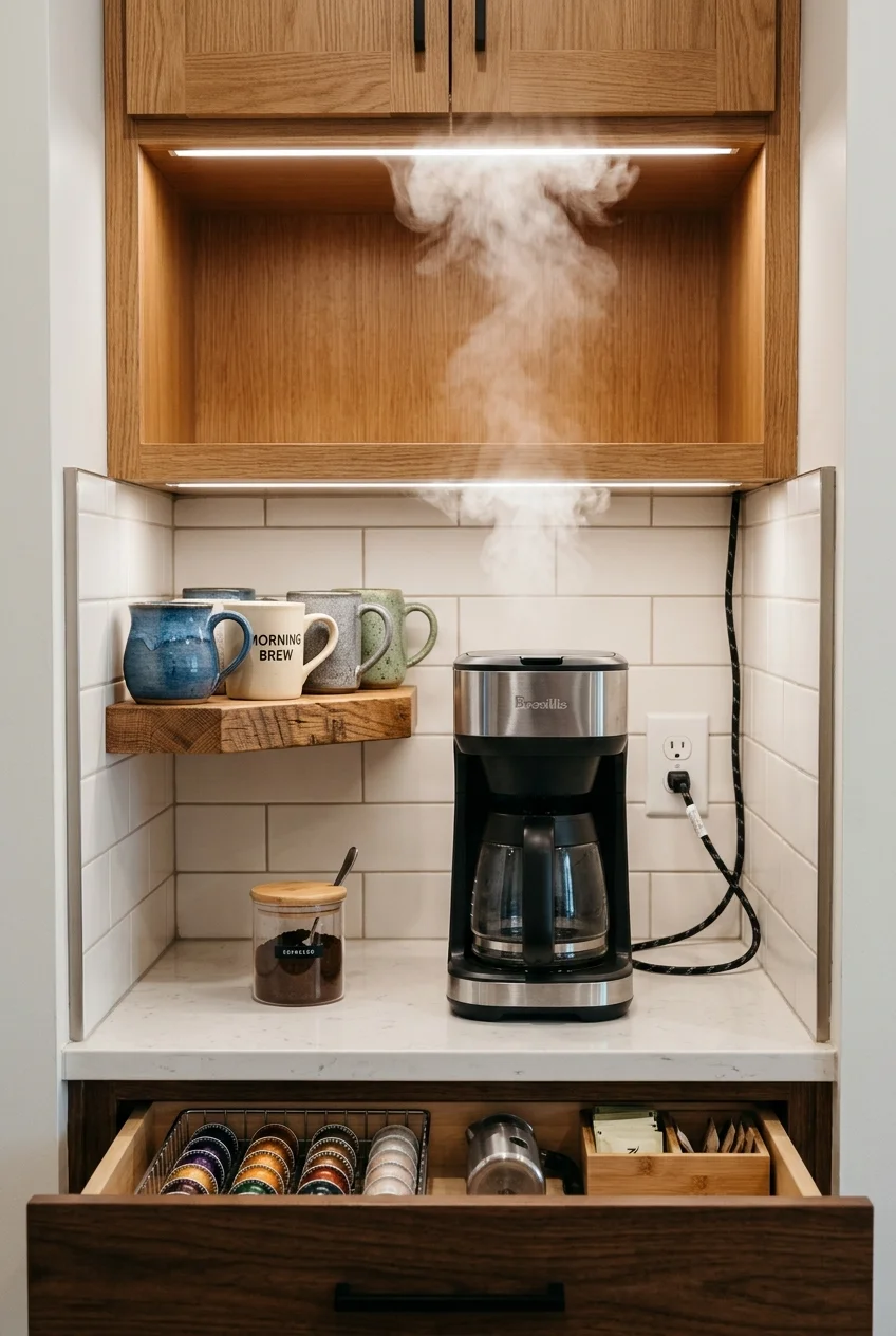 Dedicated coffee niche in a tiny galley kitchen