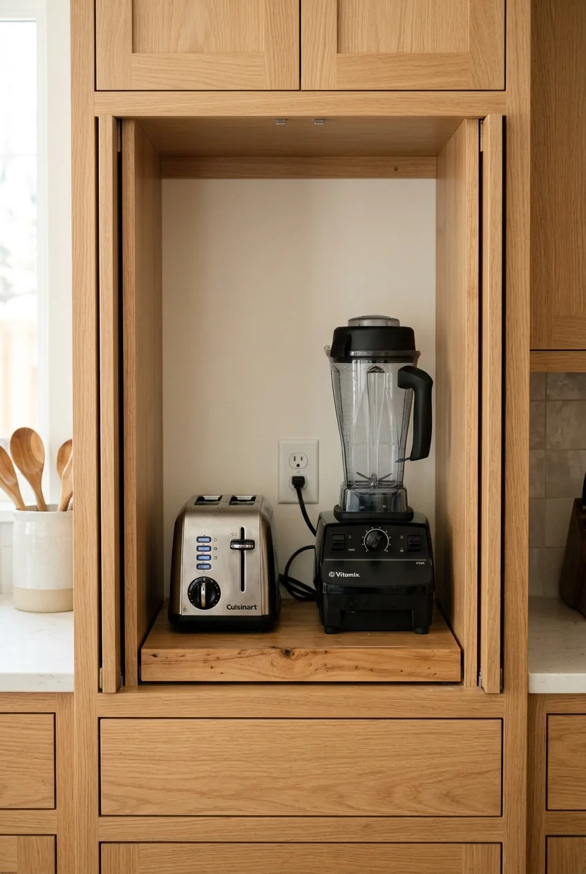 Small appliances inside a cabinet with retracting doors