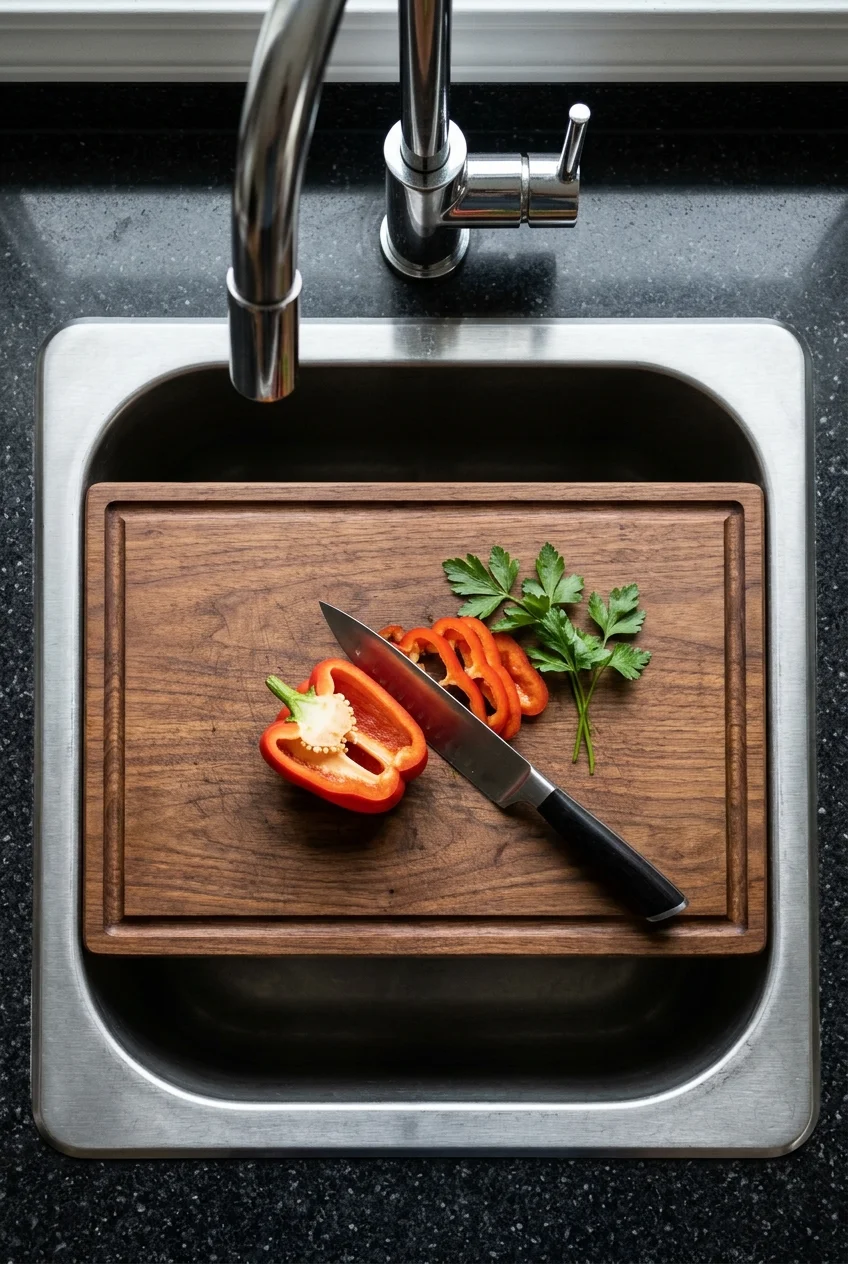 Fitted sink cover adding temporary prep space
